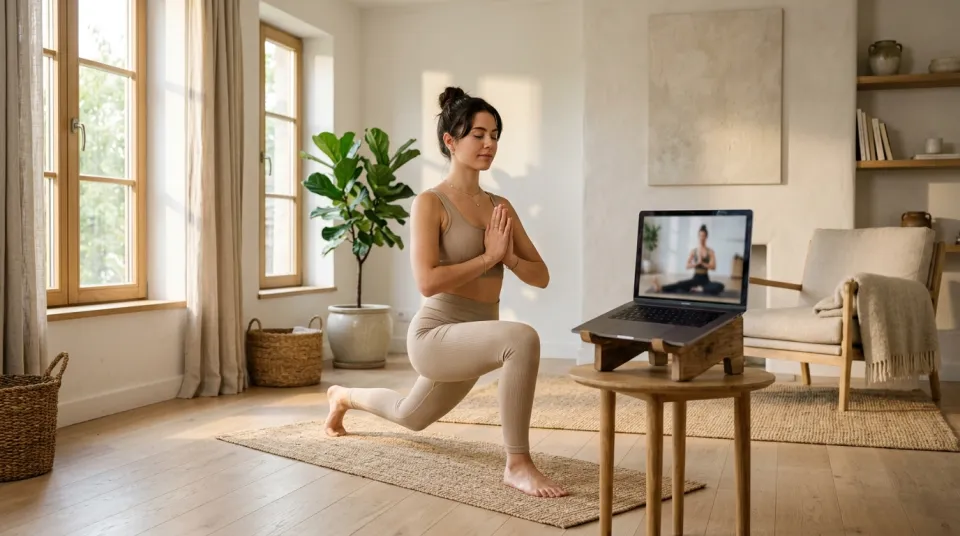Persona practicando yoga en línea en casa